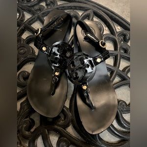 Tory Burch kitten heel sandals with patent leather logo